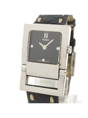Fendi Watch Orologi Square SS Quartz Leather Black Dial